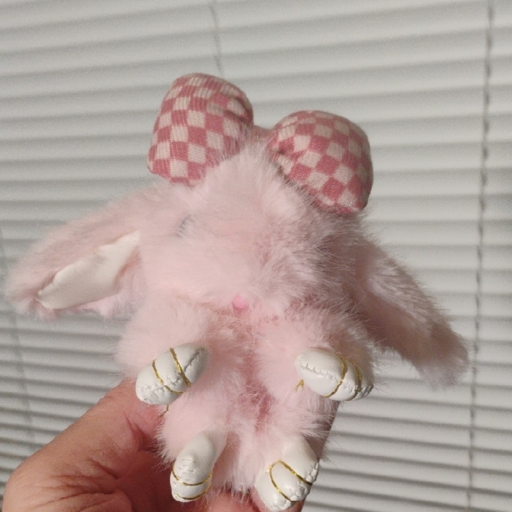 Plush Bunny Toy with Pink Checkered Bow